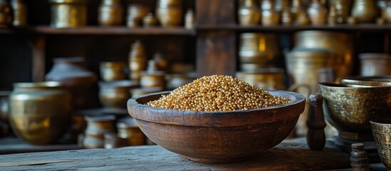 A wooden bowl filled with uncooked grain sits in front of a shelf with brassware.