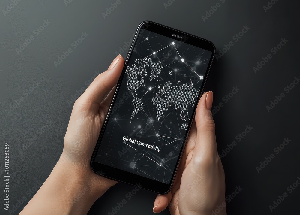 Poster smartphone displaying a world map representing global connectivity and digital communication in the 