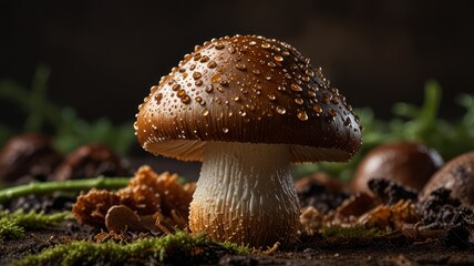 A single brown mushroom with water droplets on its cap, standing out among other mushrooms and moss on a wooden surface.