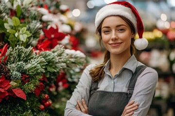 Woman Wearing Santa Hat and Overalls Stands in a Christmas Store