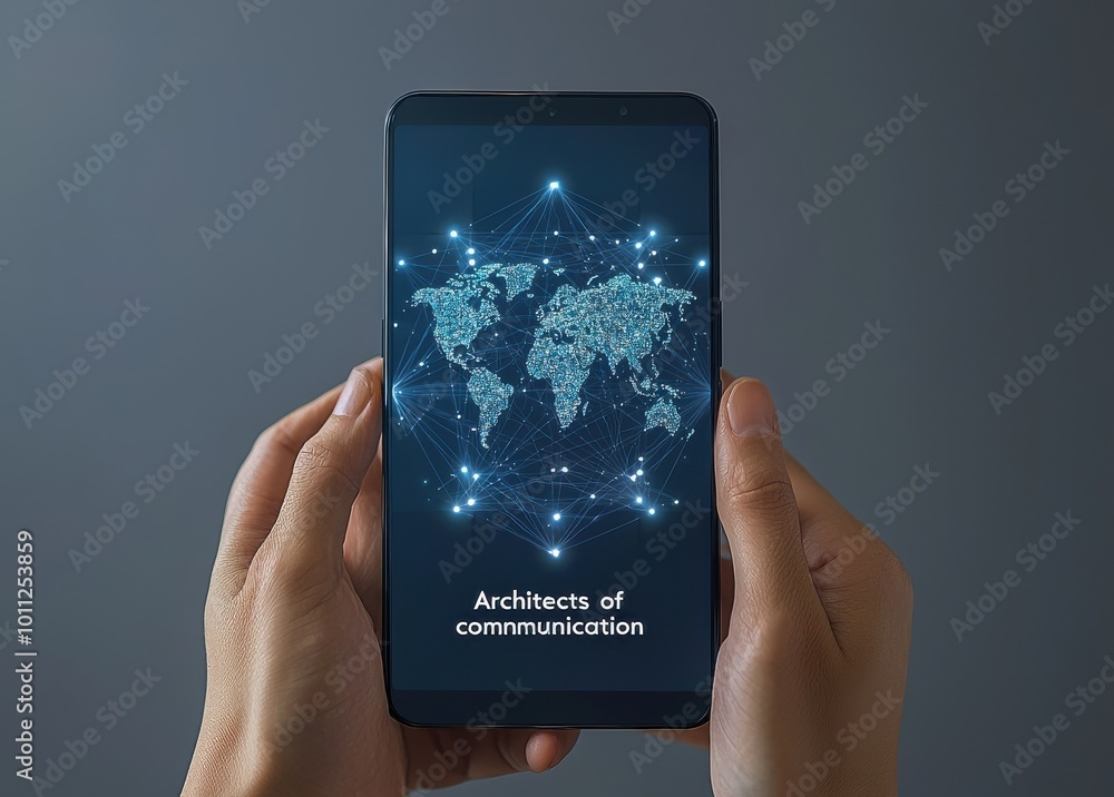 Poster smartphone displaying global network connections concept with a glowing world map representing commu