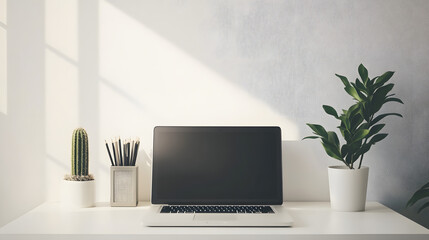 Fototapeta premium Minimalist Workspace with Laptop and Plants