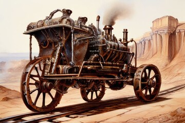 Fototapeta premium steam powered mine cart with geared wheelsa mine cart powered by