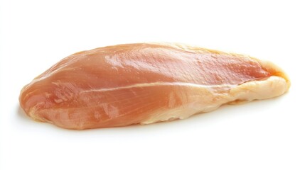 A piece of uncooked chicken breast, placed on a white background, emphasizing its freshness and ready-to-cook appeal.