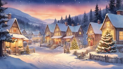 Fototapeta premium Christmas village covered in snow during a beautiful sunset