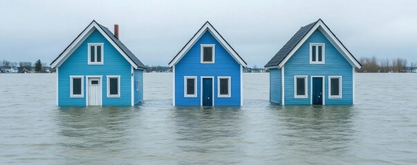 Abandoned homes floating in murky floodwaters, representing the devastating effects of rising sea levels on residential areas