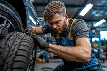 Technician replacing tires in a workshop, ensuring a precise fit for a safe ride, with tools and equipment visible in the background, focusing on professionalism and safety