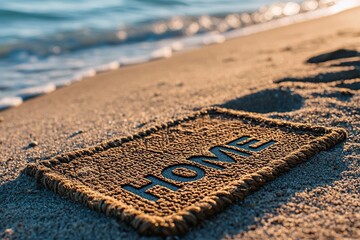 Home doormat with text HOME on the doormat, at sand tropical beach on a summer day. Generative Ai