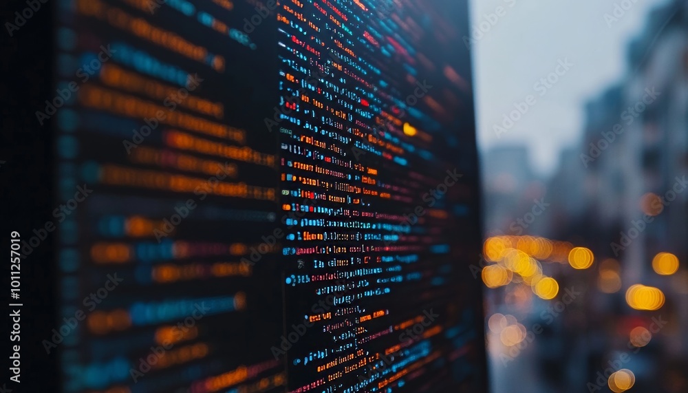 Poster abstract technology background, lines of colorful programming code on screen, selective focus