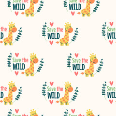 Giraffe eco seamless pattern save the wild