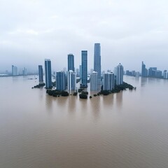 Fototapeta premium Aerial view of a megacity submerged by floodwaters
