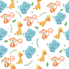 Obraz premium Seamless pattern kawaii animal characters giraffe, elephant, monkey