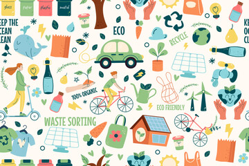 Seamless pattern cute eco friendly hand drawn