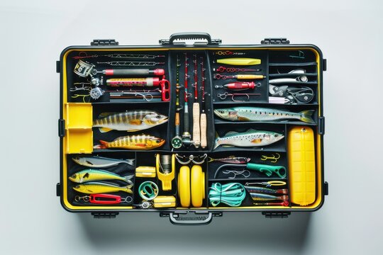 Organized fishing tackle box displaying various tools and bait on a clean surface