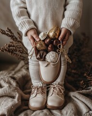 kid holding white christmas shoe with candies and sweets for st. nicholas day