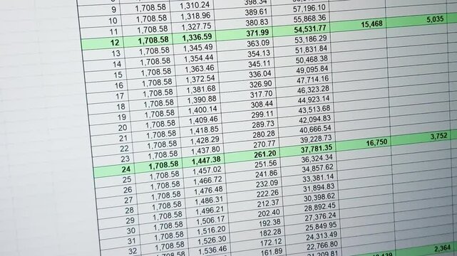 Footage of an dark mode excel sheet scrolled on computer screen showing bank loan amortization table, changing data.