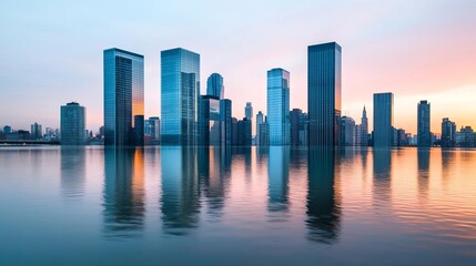 Obraz premium City skyline at sunset with floodwaters reflecting on glass skyscrapers, symbolizing the future of urban areas affected by rising sea levels