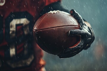 American football athlete holding the ball during the match by generative ai