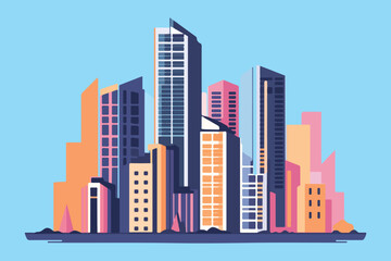 Illustration of skyscrapers in a modern city with pink and blue tones and contemporary design