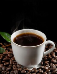 Fototapeta premium Hot Coffee Cup on Coffee Beans