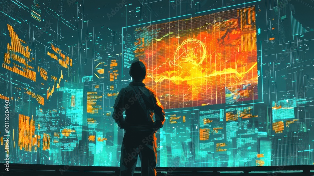 Poster futuristic interface with glowing data visuals.