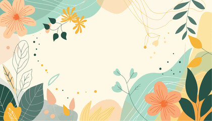 Soft abstract floral background with green and orange leaves and flowers, vector illustration