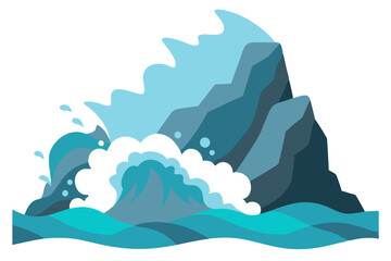 Stunning Vector Illustration of Towering Ocean Waves Breaking on Jagged Coastal Rocks
