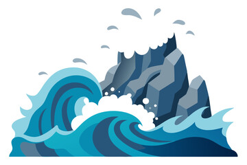 Vector Illustration of Large Ocean Waves Crashing Against Jagged Rocks in a Stormy Seascape
