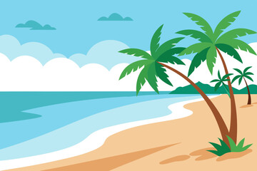 Beautiful Vector Design of a Tranquil Sandy Beach with Palm Trees and Blue Waves
