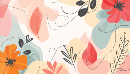 Pastel botanical floral background with leaves and flowers in an abstract vector design