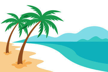 Vector Illustration of a Sandy Tropical Beach Surrounded by Lush Palm Trees
