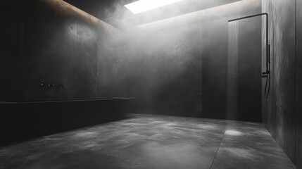 Modern, minimalistic bathroom with mist and natural light.