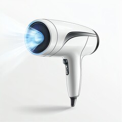 Modern hair dryer with a sleek design and blue light effect, white isolated background.
