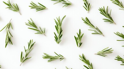 Fototapeta premium Fresh rosemary leaves spread across a white background, offering a natural and aromatic look for healthy cooking or herbal concepts.