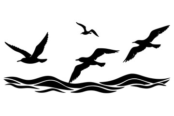 Majestic Seagulls Gliding Over Smooth Ocean Surface Vector Illustration of Coastal Serenity
