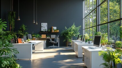 Modern office interior with large windows, plants, and natural light.