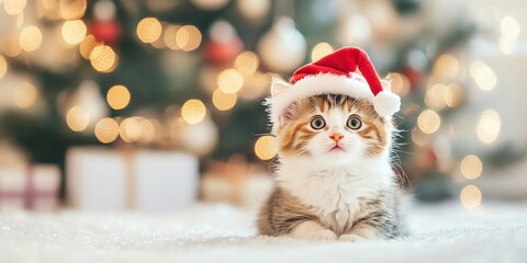 A cute fluffy red white grey calico  kitten in a christmas hat sitting on the ground against an Christmas tree with silver decor