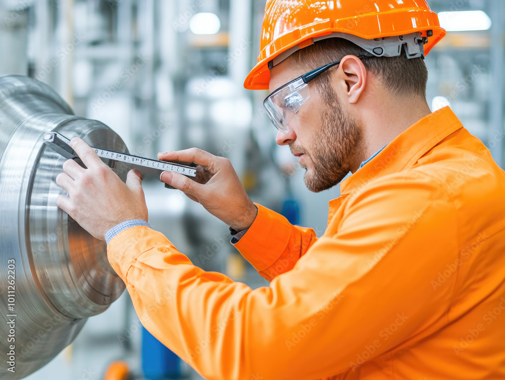Poster engineer examining mechanical component with calipers, ensuring precision in high-quality manufactur