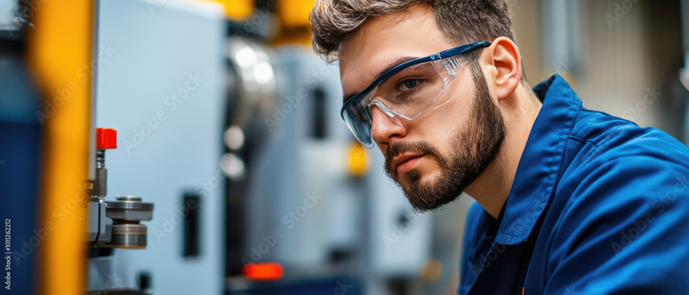 Poster engineer conducting calibration checks on manufacturing machinery, ensuring precision, quality contr