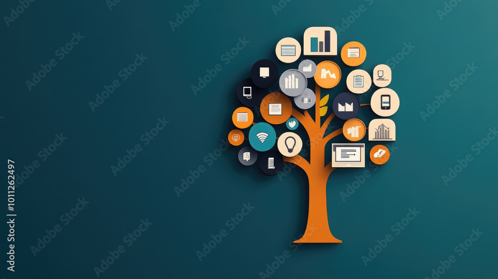 Poster digital tree of ideas, illuminated branches symbolizing business technology and innovation, showcasi