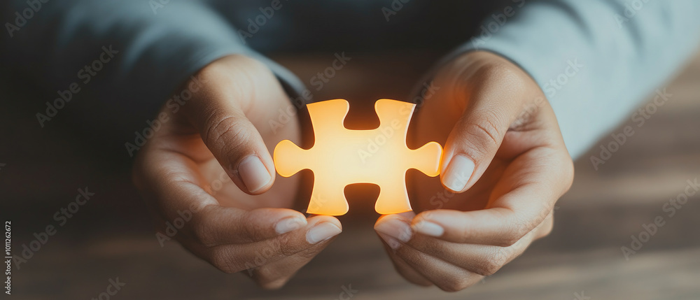 Aufkleber creative hands fitting a glowing puzzle piece into a larger business solution, symbolizing innovativ