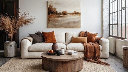 A stylish living room showcasing a modern sofa, abstract wall art, The blend of neutral tones and natural elements creates a warm atmosphere cozy furnishings.