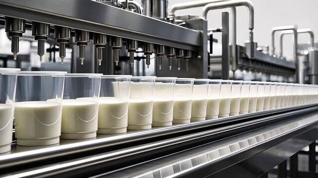 Milk Processing and Packaging Line in Modern Dairy Factory

