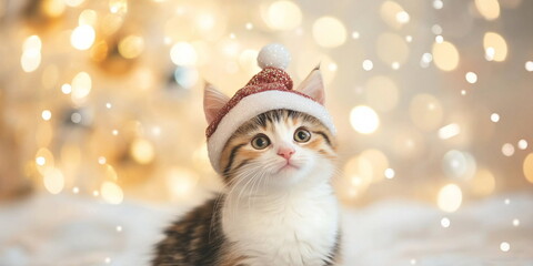 A cute fluffy red white grey calico  kitten in a christmas hat sitting on the ground against an Christmas tree with silver decor