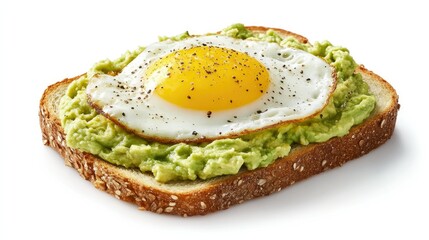 A classic breakfast of mashed avocado on toast with a perfectly fried egg, sitting on a white background, ideal for nutrition and culinary imagery.