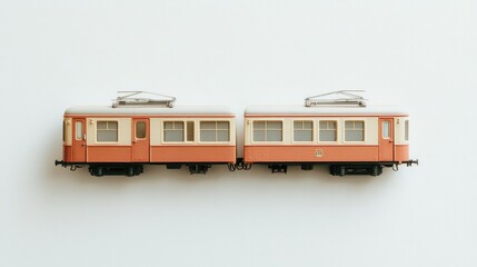Obraz premium A classic toy train set, arranged neatly on a white background, capturing a nostalgic feel with its vintage design and vibrant colors.