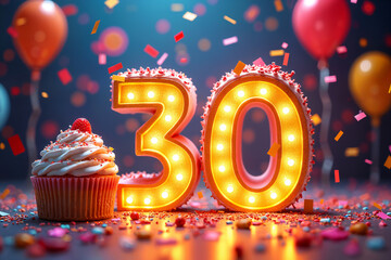 30th birthday card. Large number 30 made of colorful balloons, with a cupcake placed next to it on a table.