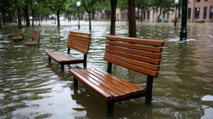 Fototapeta premium Flooded urban parks with submerged benches and trees, symbolizing the transformation of public spaces by climate change