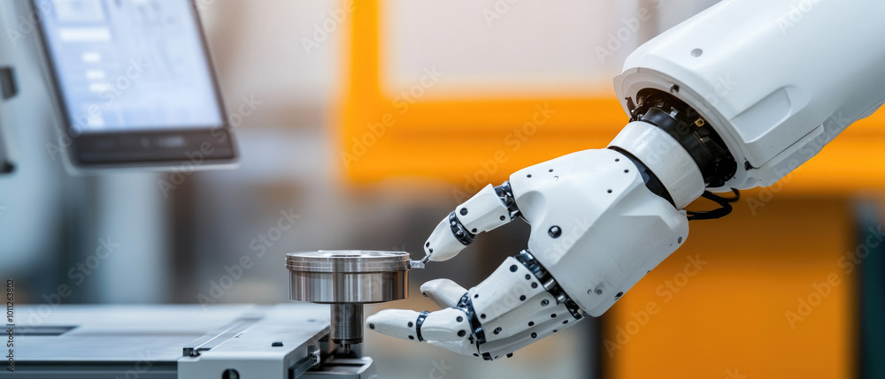 Poster robot conducting final quality check on precision machined component, advanced technology in high-te