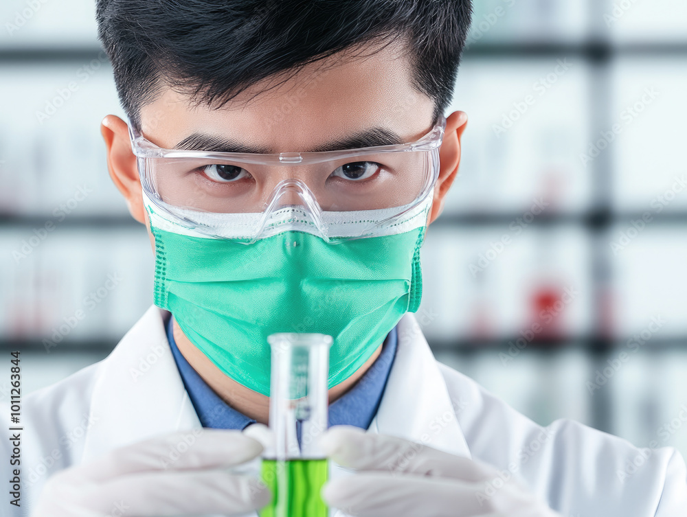 Poster chemical analysis for quality validation, technician conducting tests in a lab to ensure product sta